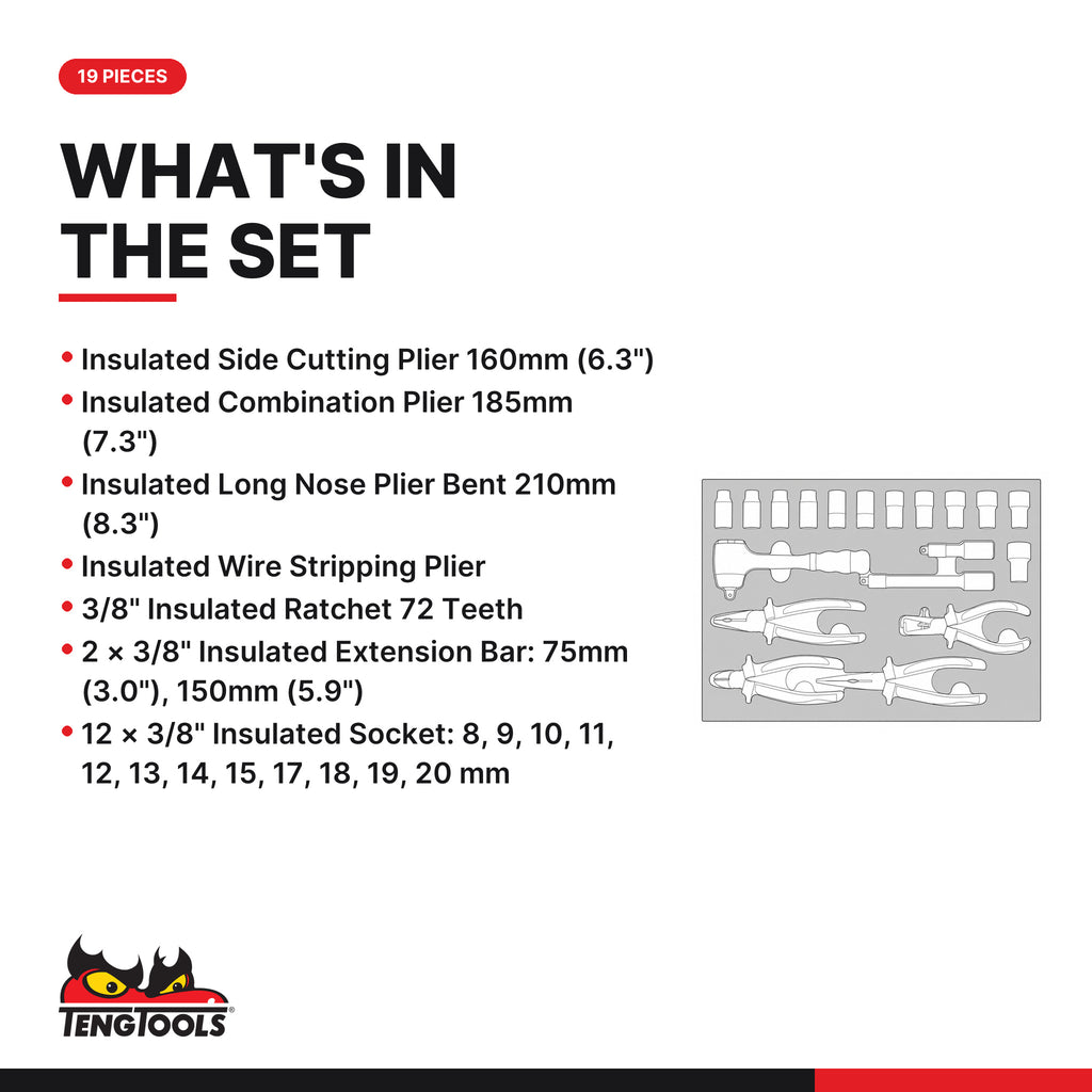 Teng Tools TEFSKV19 Insulated Socket & Pliers Set FOAM3 19 Pieces, what's in the tray