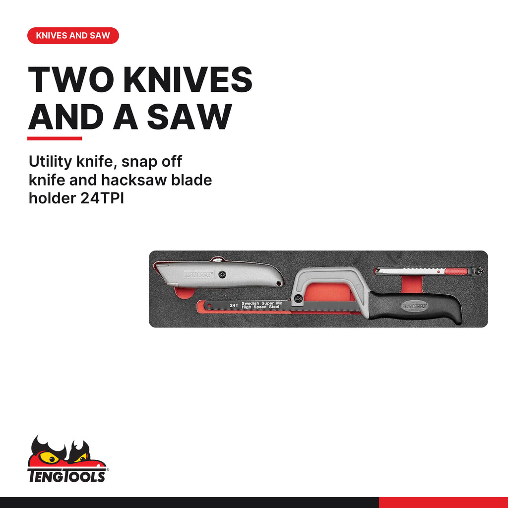 Teng Tools TEFX06 General Tool Set BP FOAM3 6 Pieces, utility knife, snap off knife and hacksaw blade holder 24tpi