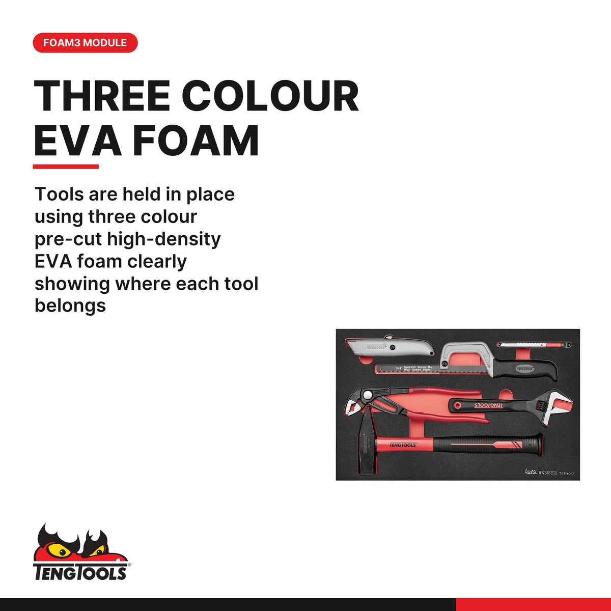Teng Tools TEFX06E General Tool Set E FOAM3 6 Pieces, tools are held in place using three colour pre-cut high-density eva foa