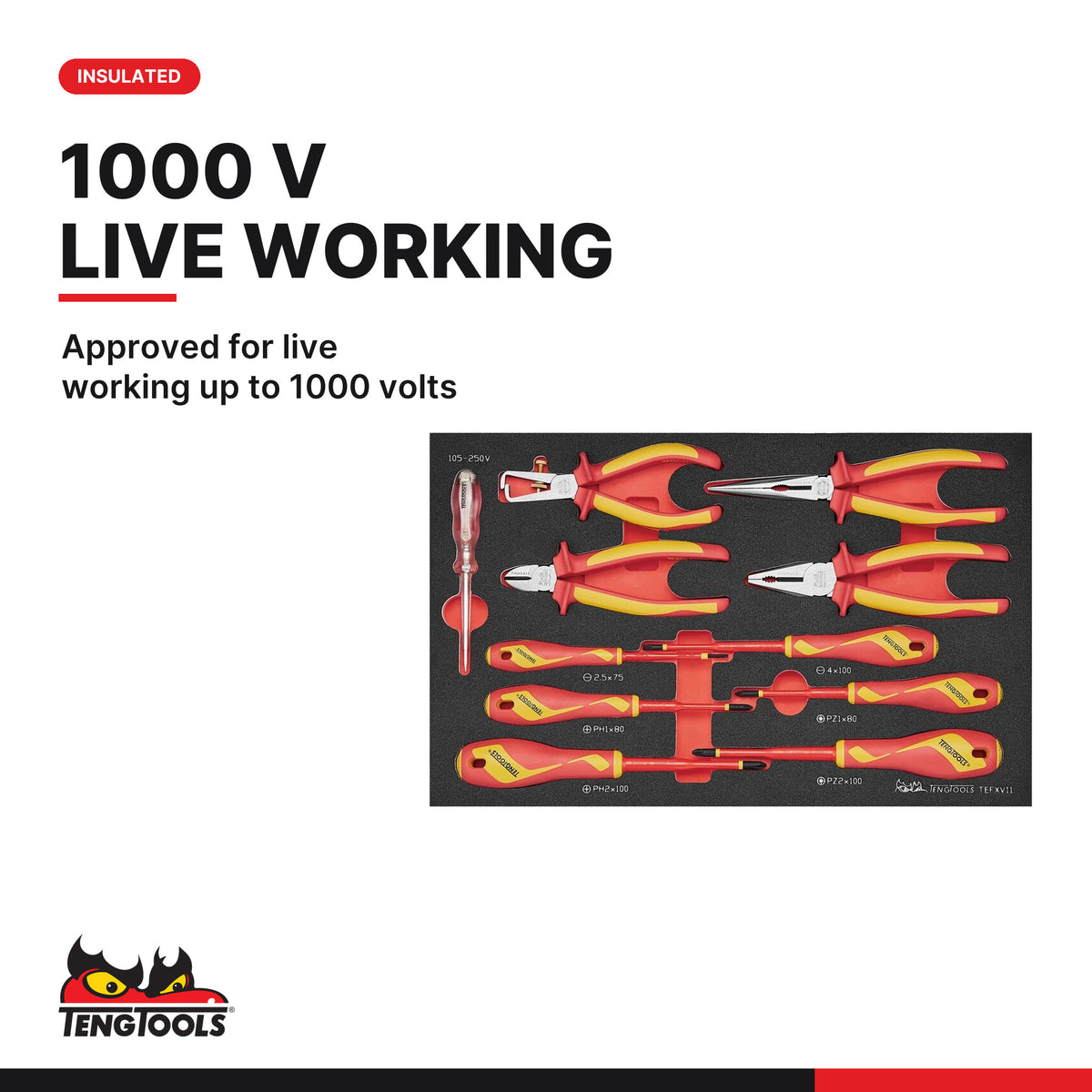 Teng Tools TEFXV11 Insulated Plier & Screwdriver Set FOAM3 11 Pieces, approved for live working up to 1000 volts