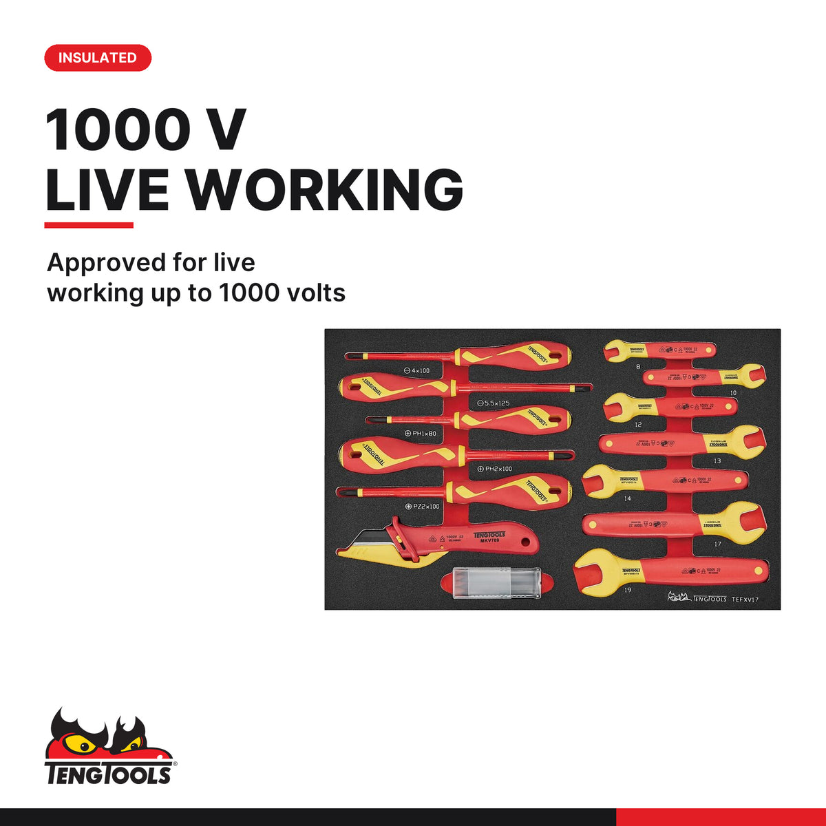 Teng Tools TEFXV17 Insulated Spanner & Screwdriver Set FOAM3 17 Pieces, approved for live working up to 1000 volts
