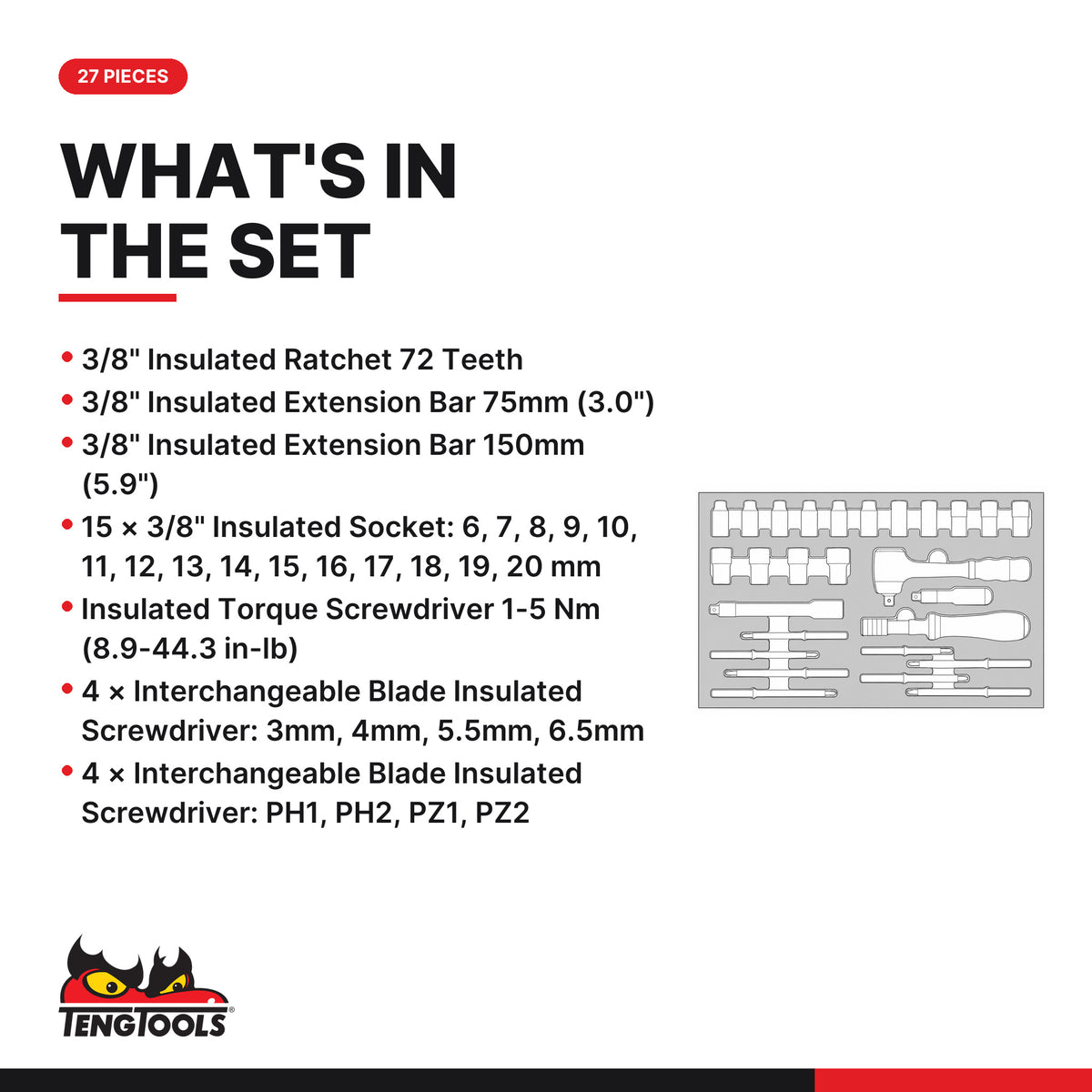 Teng Tools TEFXV27 Insulated Torque Screwdriver Set FOAM3 27 Pieces, what's in the tray