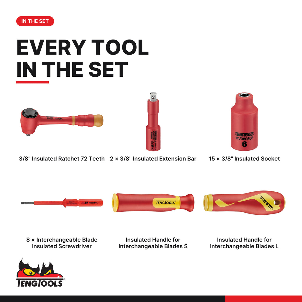Teng Tools TEFXV28 Insulated Socket & Screwdriver Set FOAM3 28 Pieces, every tool in the set