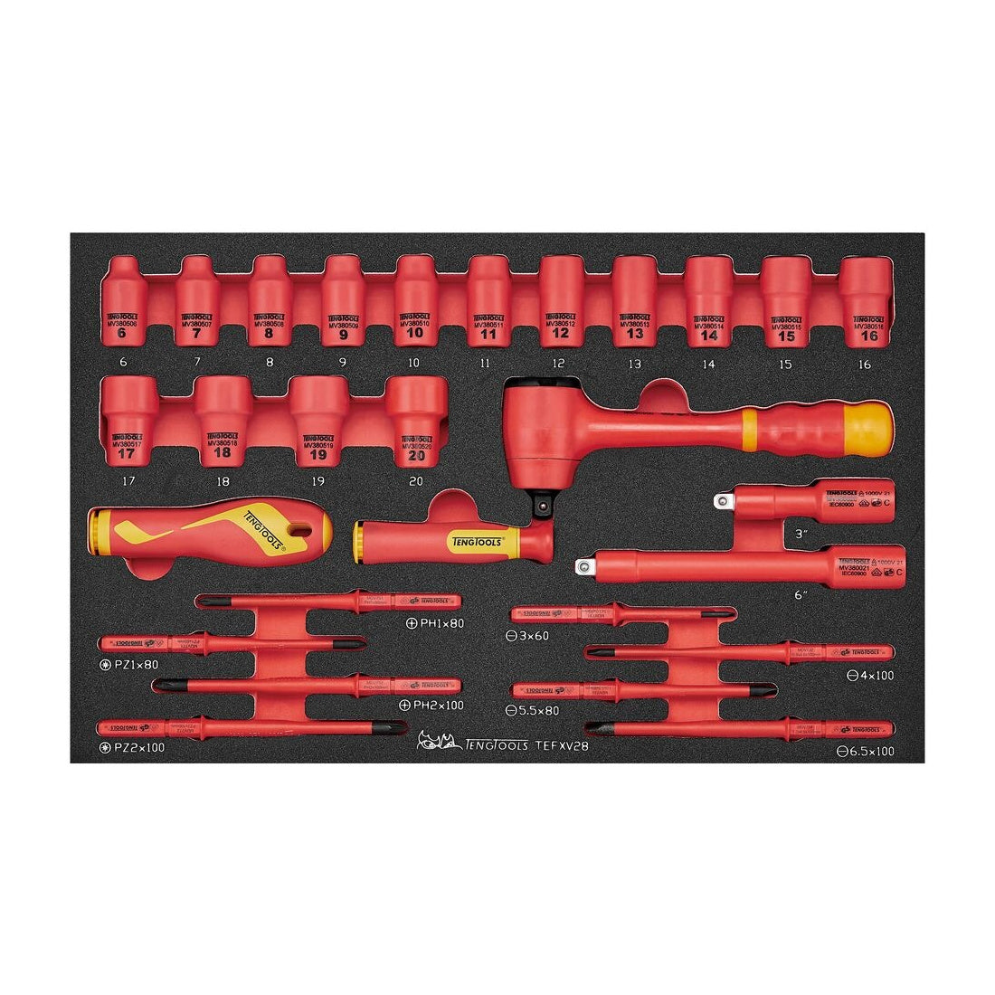 Teng Tools TEFXV28 Insulated Socket & Screwdriver Set FOAM3 28 Pieces on a white background
