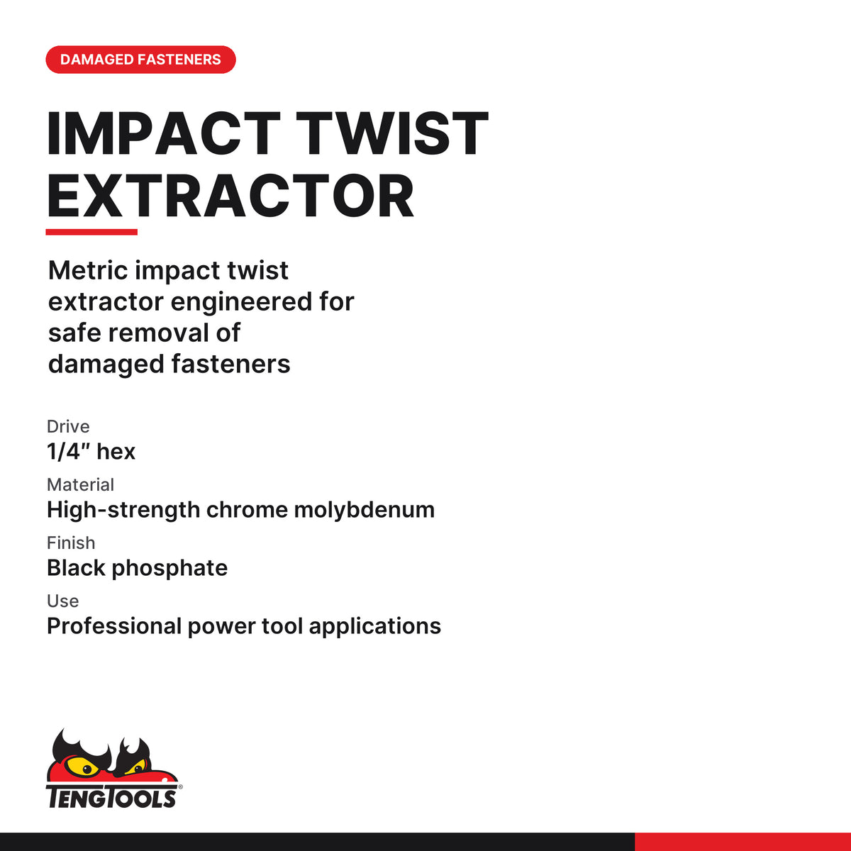 Teng Tools TEP65508 Hex Bolt & Nut Extractor Cr-Mo, metric impact twist extractor engineered for safe removal of damaged