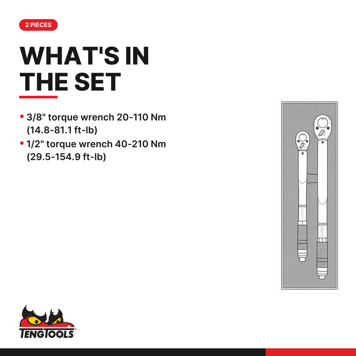 Teng Tools TEX1238 3/8" & 1/2" Torque Wrench Set FOAMX4 2 Pieces, what's in the tray