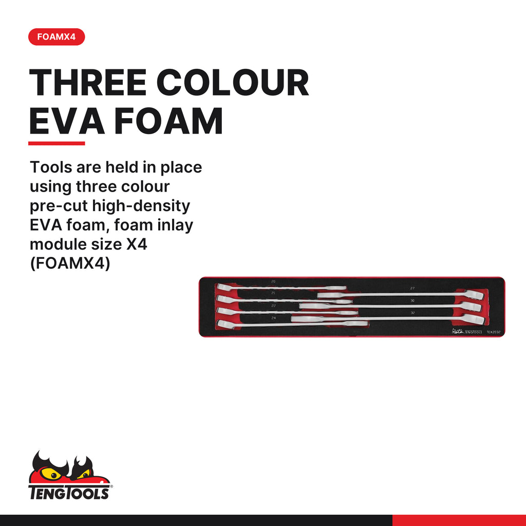 Teng Tools TEX2032 Combination Spanner Set FOAMX4 7 Pieces, tools are held in place using three colour pre-cut high-density e