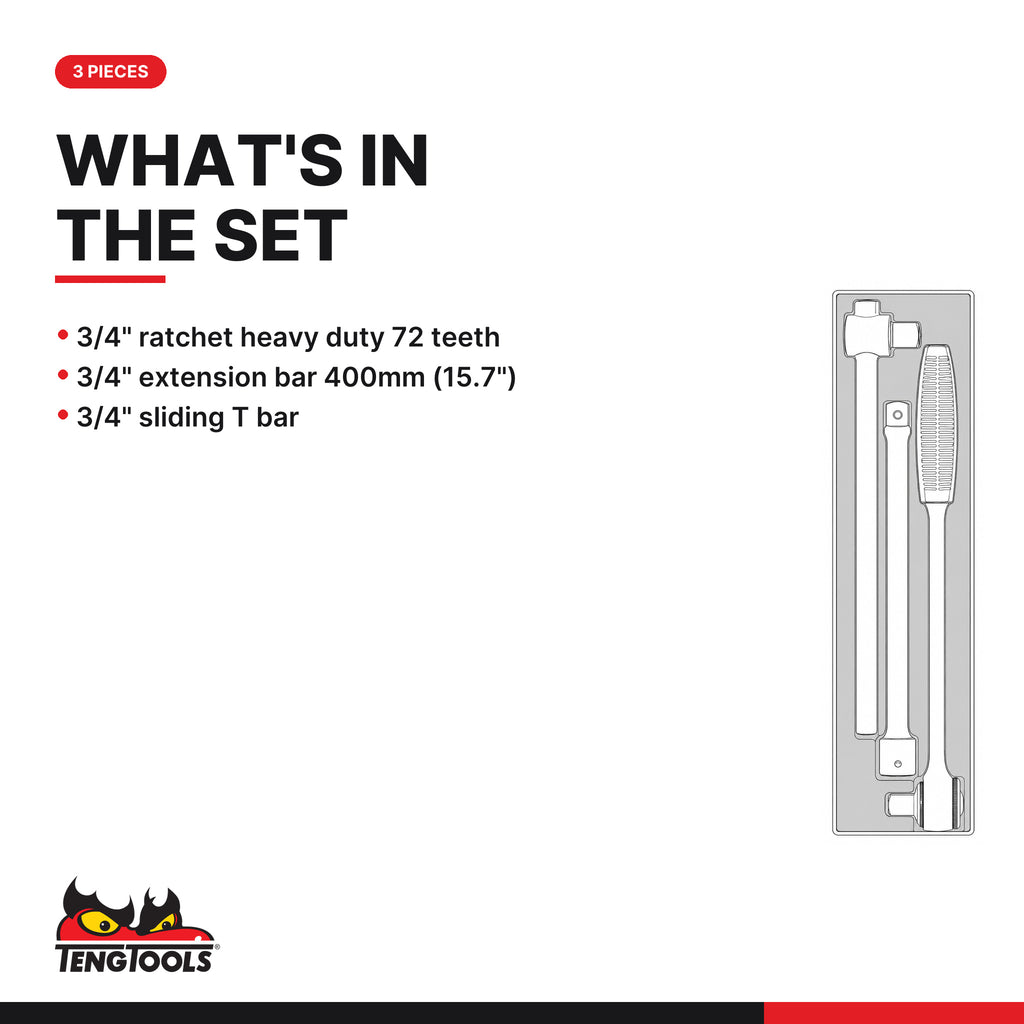 Teng Tools TEX3403 3/4" Ratchet & Accessories Set FOAMX4 3 Pieces, what's in the tray