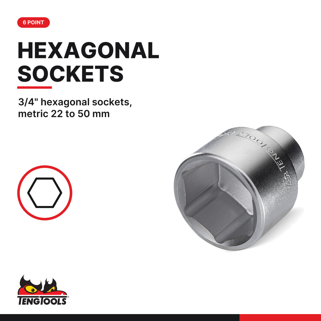 Teng Tools TEX3410 3/4" Socket Set 6 pt FOAMX4 10 Pieces, 3/4" hexagonal sockets, metric 22 to 50 mm