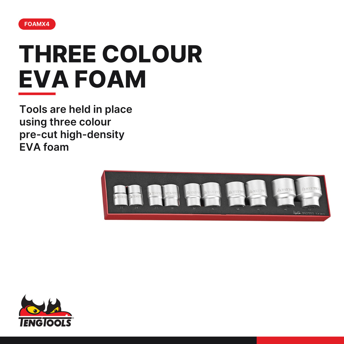 Teng Tools TEX3410 3/4" Socket Set 6 pt FOAMX4 10 Pieces, tools are held in place using three colour pre-cut high-density