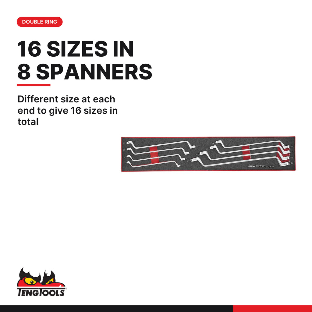 Teng Tools TEX6308 Double Ring Spanner Set FOAMX4 8 Pieces, different size at each end to give 16 sizes in total
