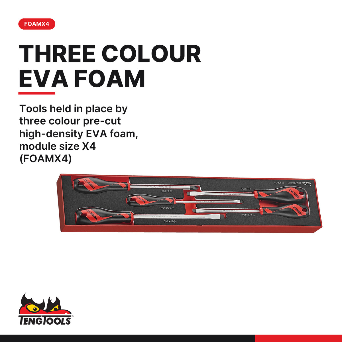 Teng Tools TEX915N Screwdriver Set Flat & PH FOAMX4 5 Pieces, tools held in place by three colour pre-cut high-density EVA