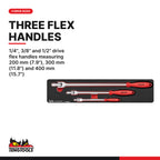 Teng Tools TEXBR03 Flex Handle Set FOAMX4 3 pieces, 1/4", 3/8" and 1/2" drive flex handles measuring 200 mm (7.9"), 300 mm (1