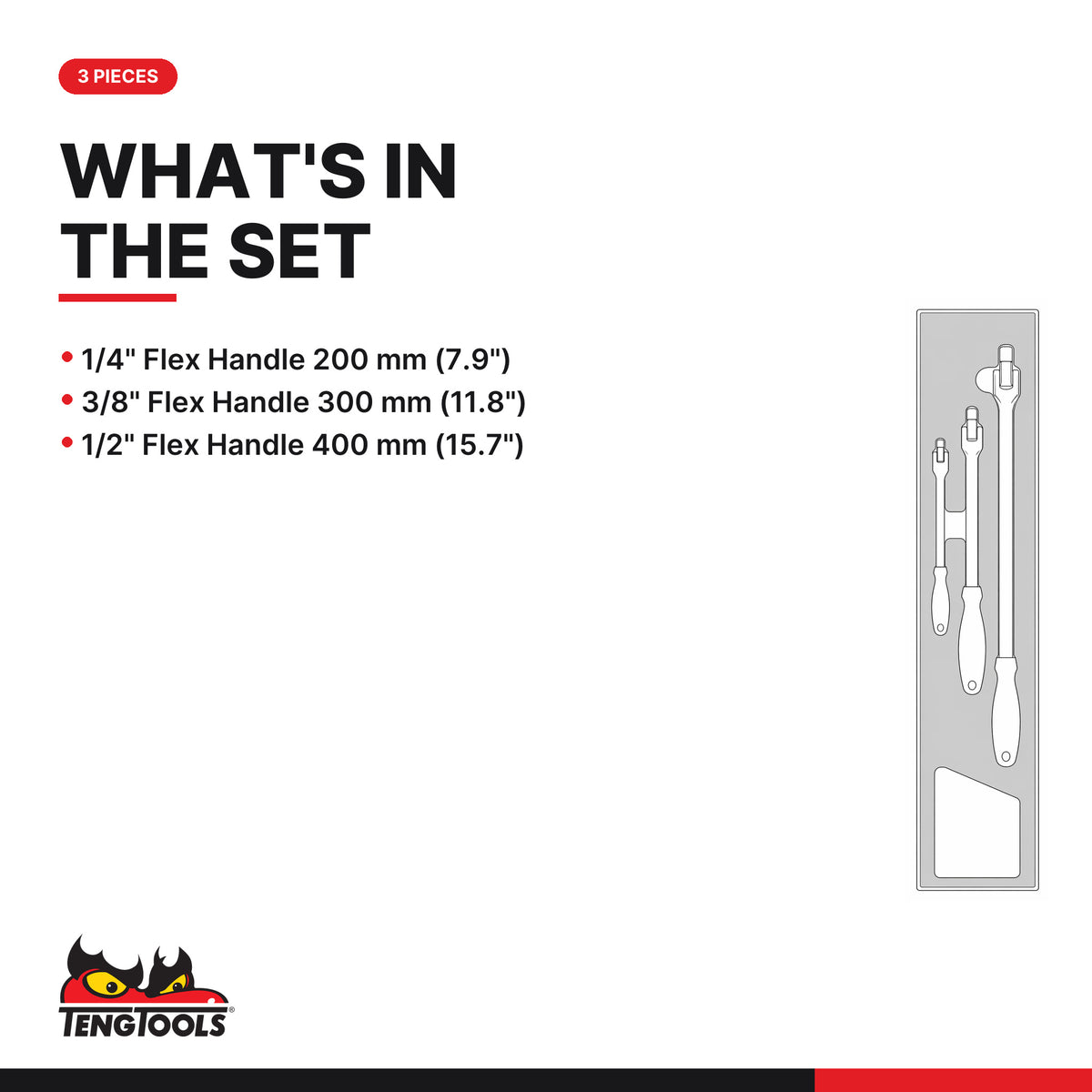 Teng Tools TEXBR03 Flex Handle Set FOAMX4 3 pieces, what's in the tray