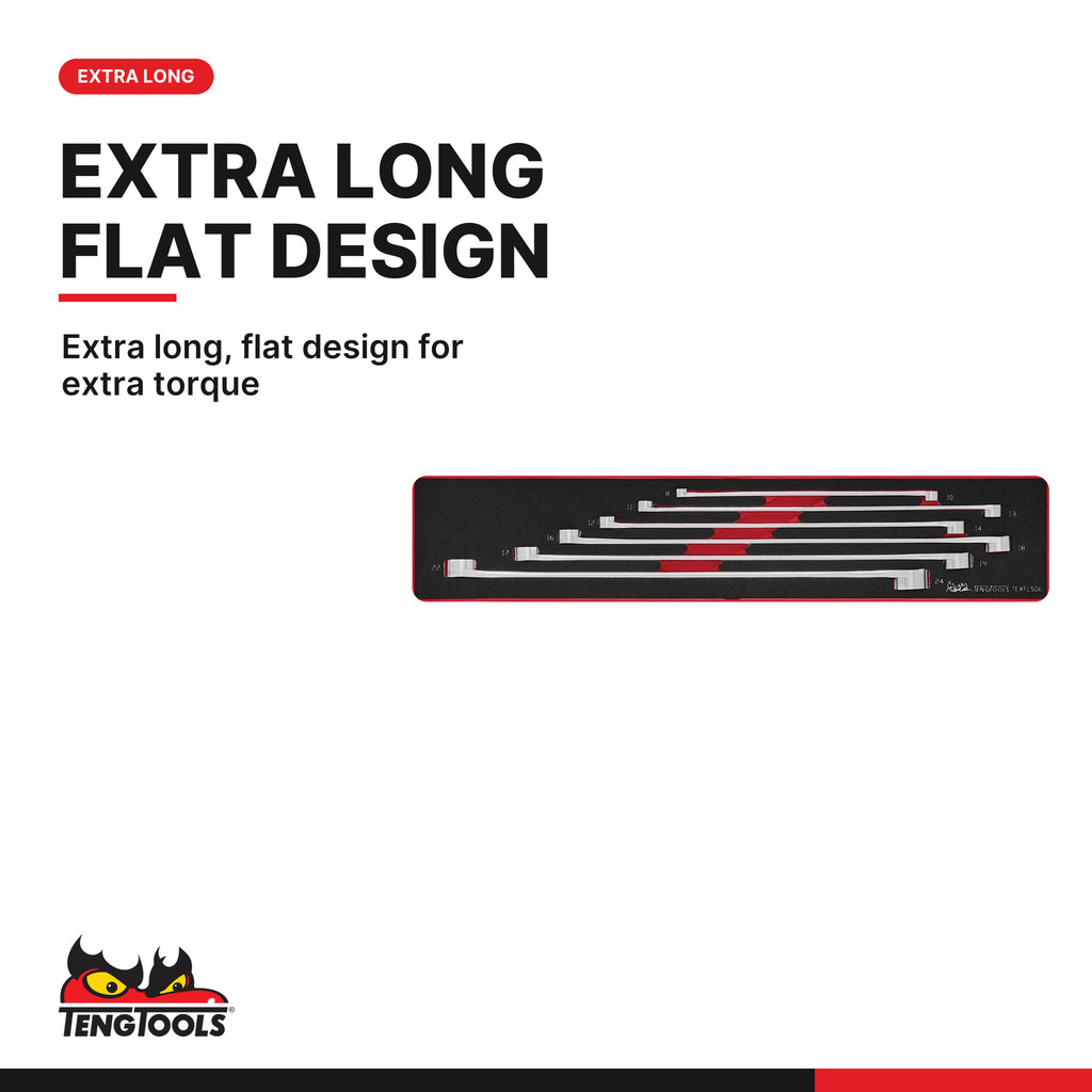 Teng Tools TEXFLS06 Long Double Ring Spanner Set FOAMX4 6 Pieces, extra long, flat design for extra torque