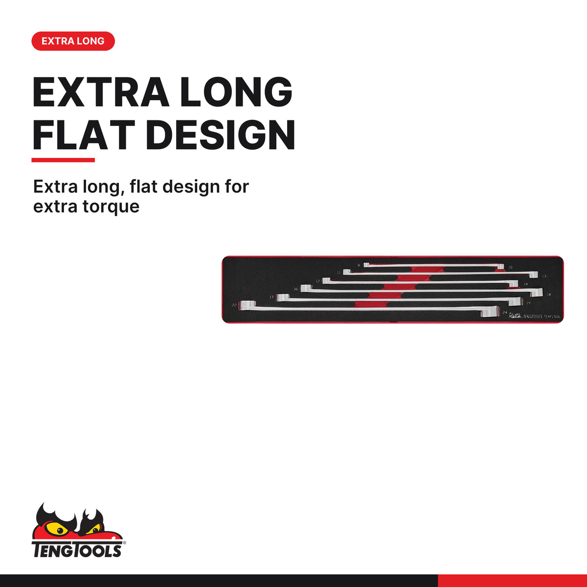 Teng Tools TEXFLS06 Long Double Ring Spanner Set FOAMX4 6 Pieces, extra long, flat design for extra torque