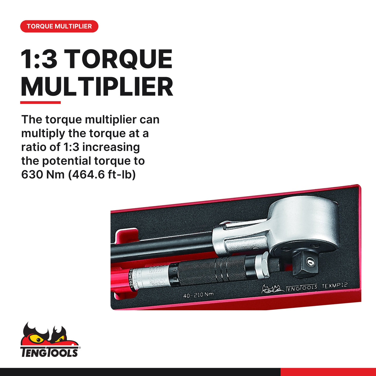 Teng Tools TEXMP12 1/2 Inch Drive Torque Wrench and 1/2, the torque multiplier can multiply the torque at a ratio of 1:3