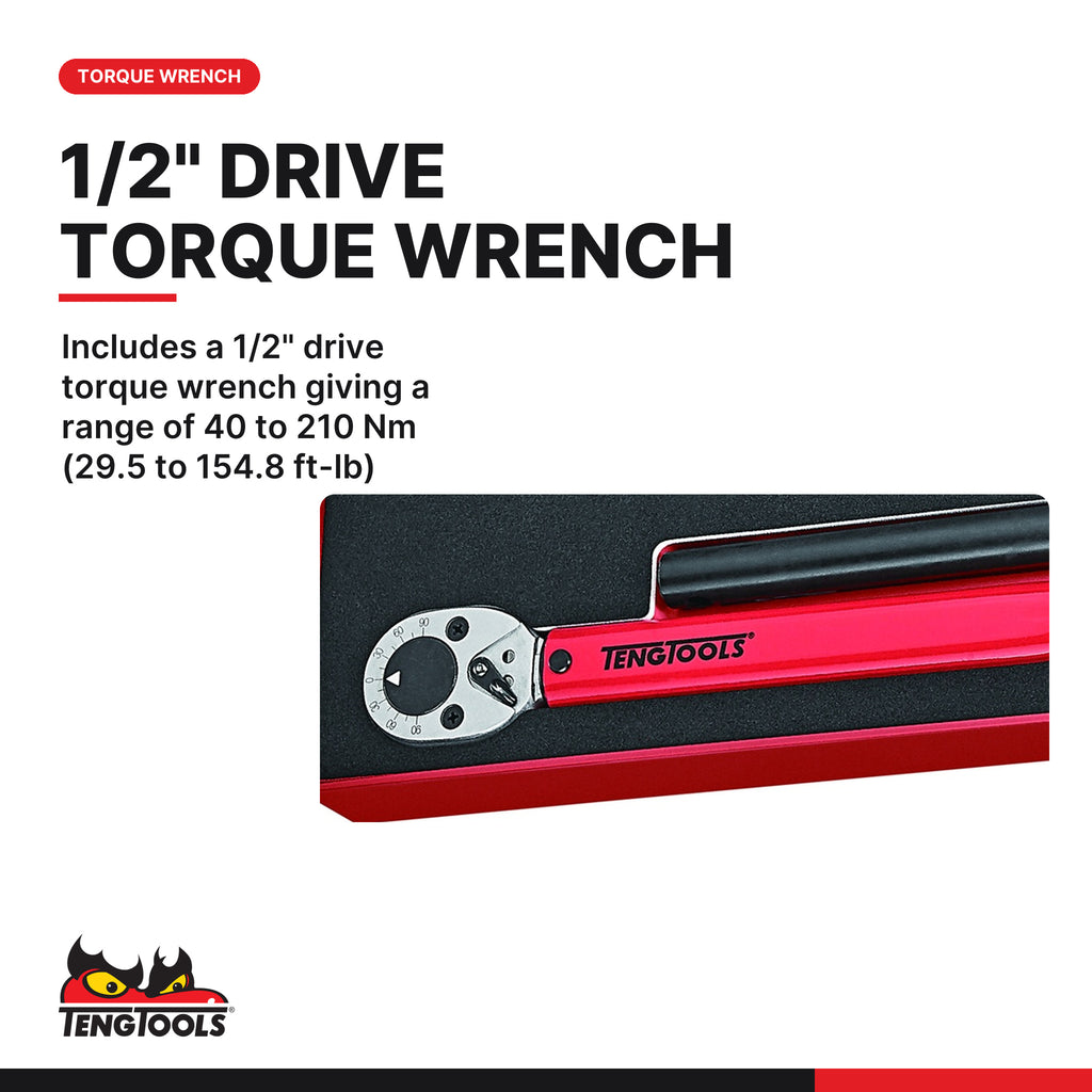 Teng Tools TEXMP12 1/2 Inch Drive Torque Wrench and 1/2, includes a 1/2" drive torque wrench giving a range of 40 to 210 Nm