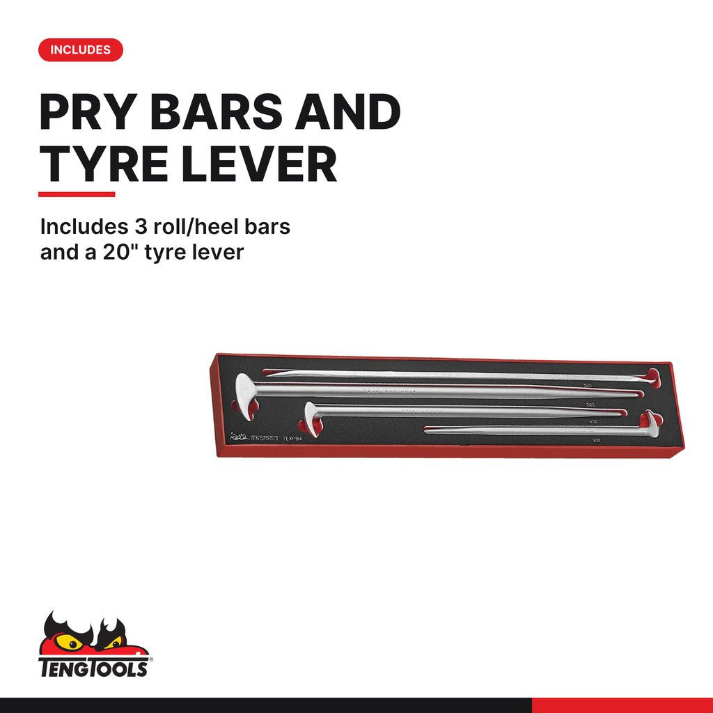 Teng Tools TEXPB4 Pry Bar Set Roll/Heel FOAMX4 4 Pieces, includes 3 roll/heel bars and a 20" tyre lever