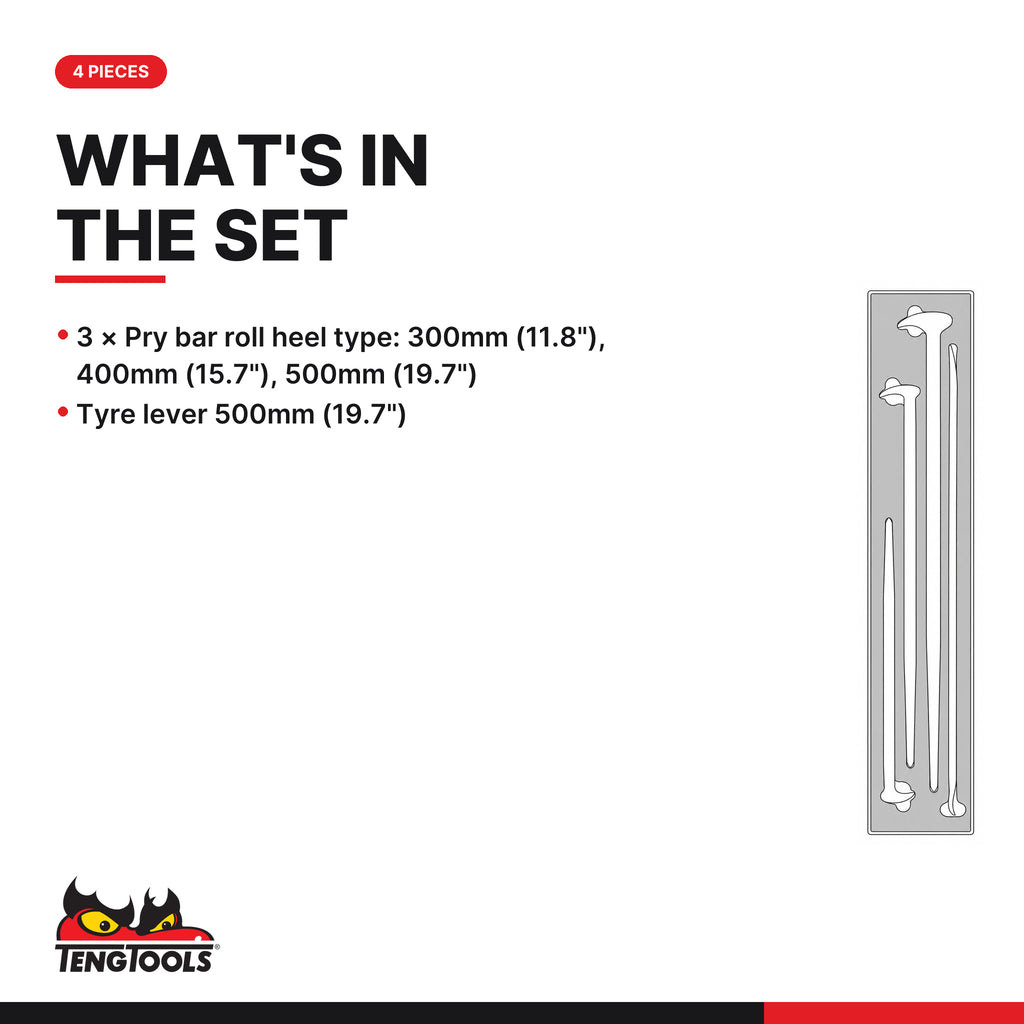 Teng Tools TEXPB4 Pry Bar Set Roll/Heel FOAMX4 4 Pieces, what's in the tray