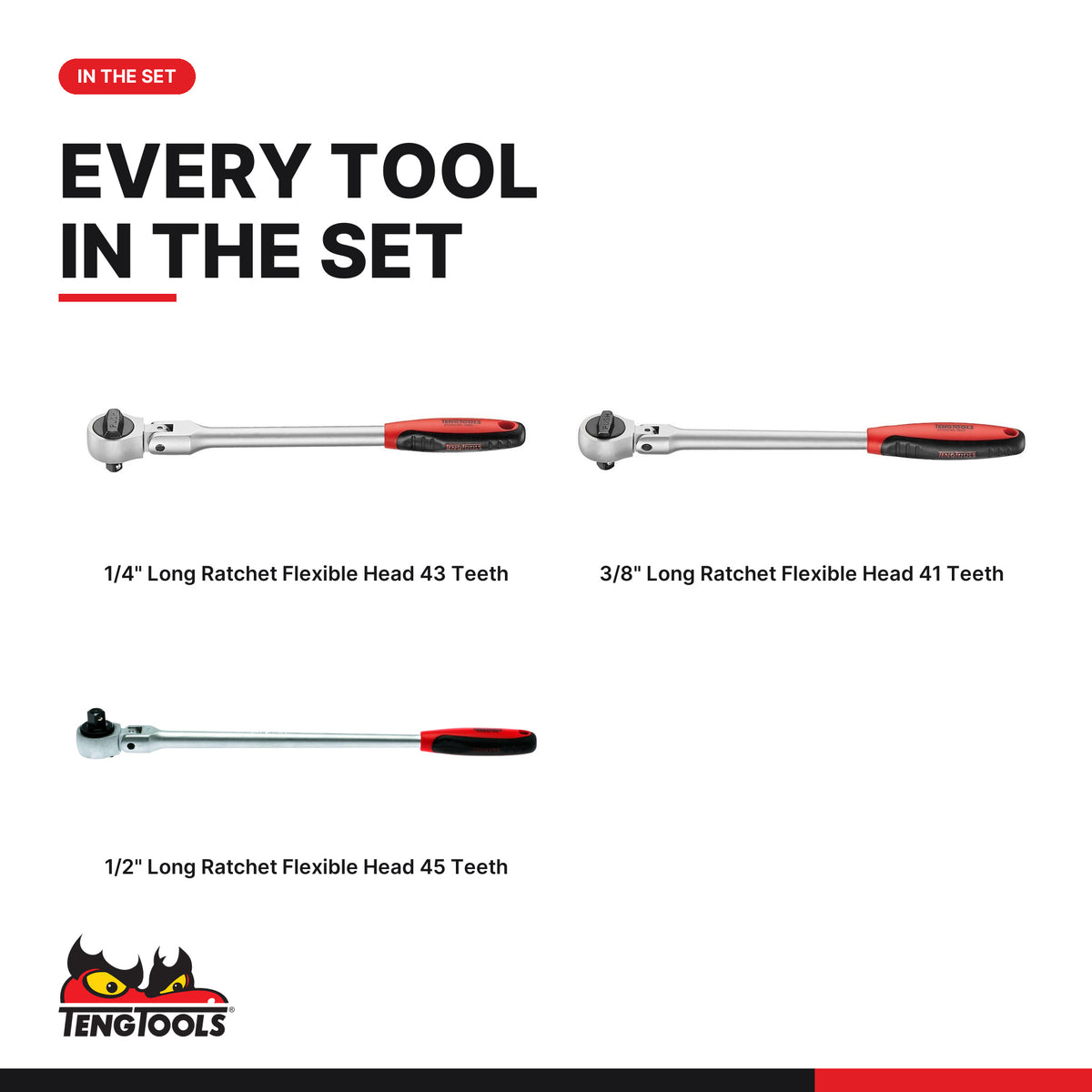 Teng Tools TEXRF03 Long Arm Ratchet Flex Head Set FOAMX4 3 pieces, every tool in the set