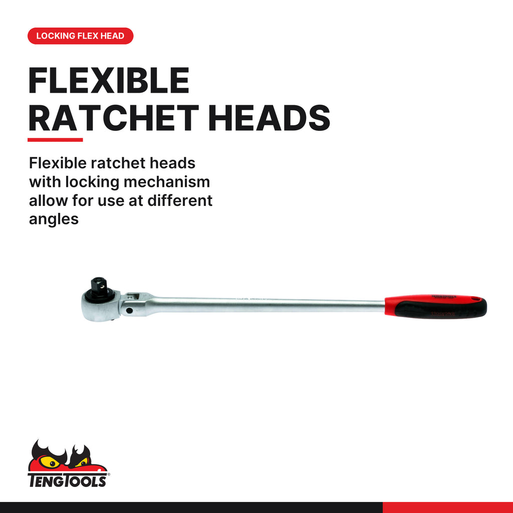 Teng Tools TEXRF03 Long Arm Ratchet Flex Head Set FOAMX4 3 pieces, flexible ratchet heads with locking mechanism allow for