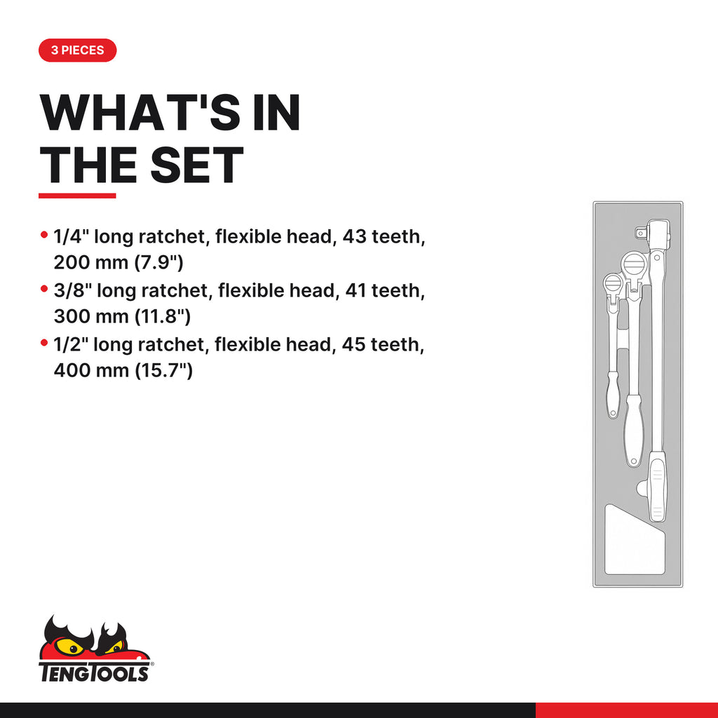 Teng Tools TEXRF03 Long Arm Ratchet Flex Head Set FOAMX4 3 pieces, what's in the tray