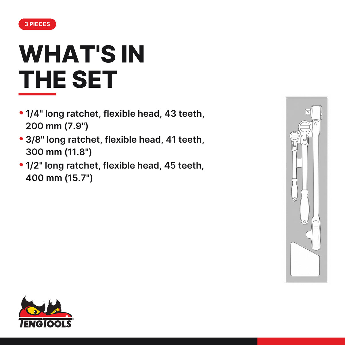 Teng Tools TEXRF03 Long Arm Ratchet Flex Head Set FOAMX4 3 pieces, what's in the tray