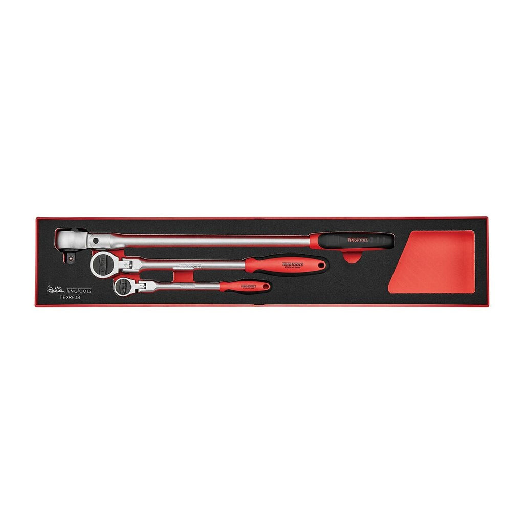 Teng Tools TEXRF03 Long Arm Ratchet Flex Head Set FOAMX4 3 pieces on a white background