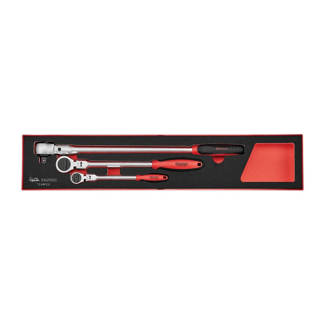Teng Tools TEXRF03 Long Arm Ratchet Flex Head Set FOAMX4 3 pieces on a white background