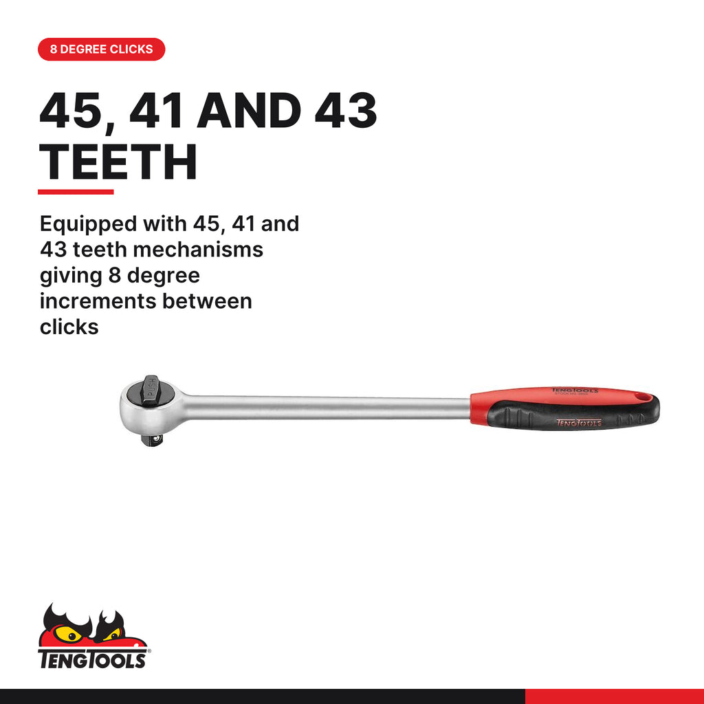 Teng Tools TEXRL03 Long Arm Ratchet Set FOAMX4 3 pieces, equipped with 45, 41 and 43 teeth mechanisms giving 8 degree