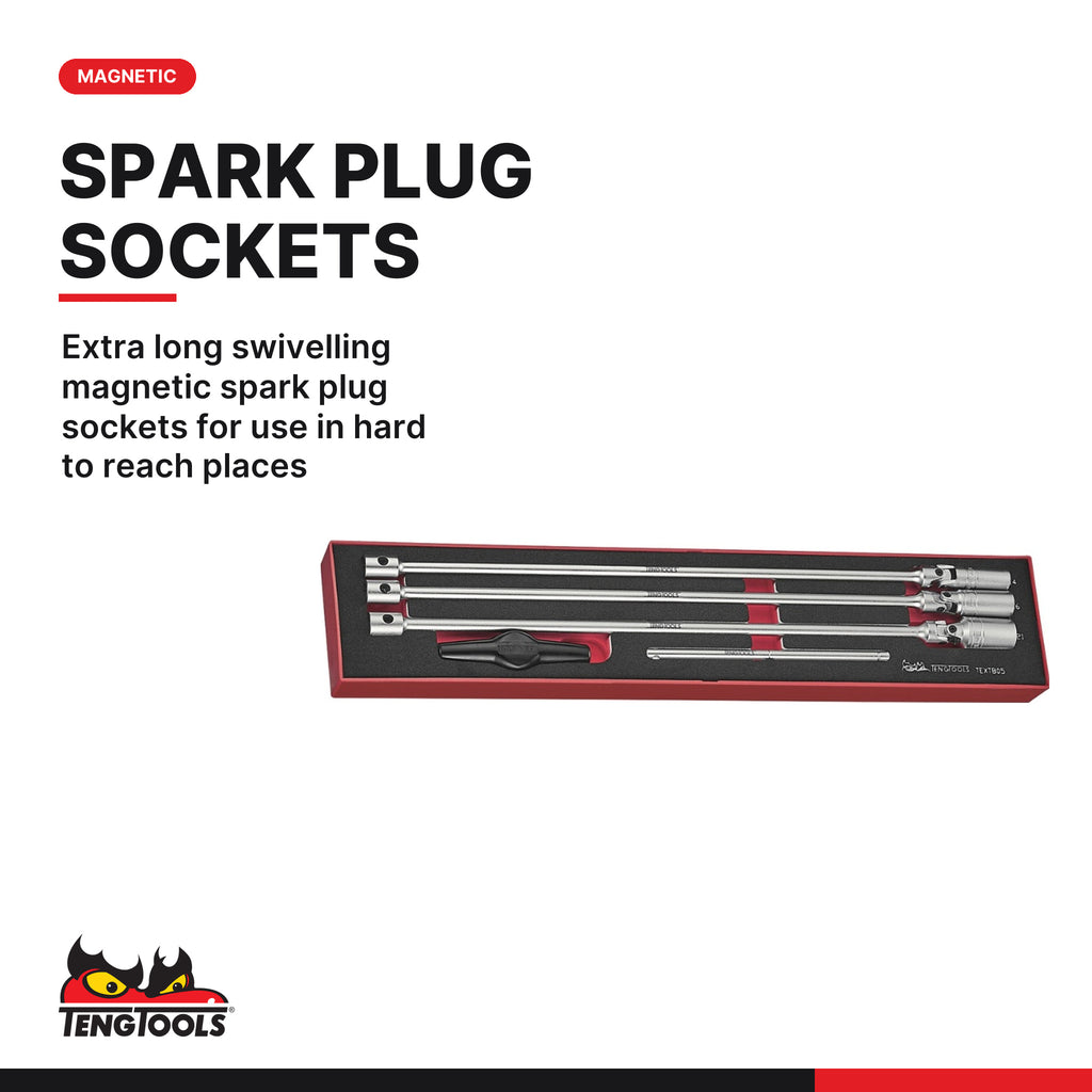 Teng Tools TEXTB05 3/8" T Bar Spark Plug Socket Set FOAMX4 5 Pieces, extra long swivelling magnetic spark plug sockets for