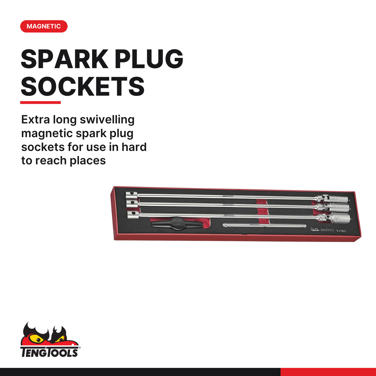 Teng Tools TEXTB05 3/8" T Bar Spark Plug Socket Set FOAMX4 5 Pieces, extra long swivelling magnetic spark plug sockets for
