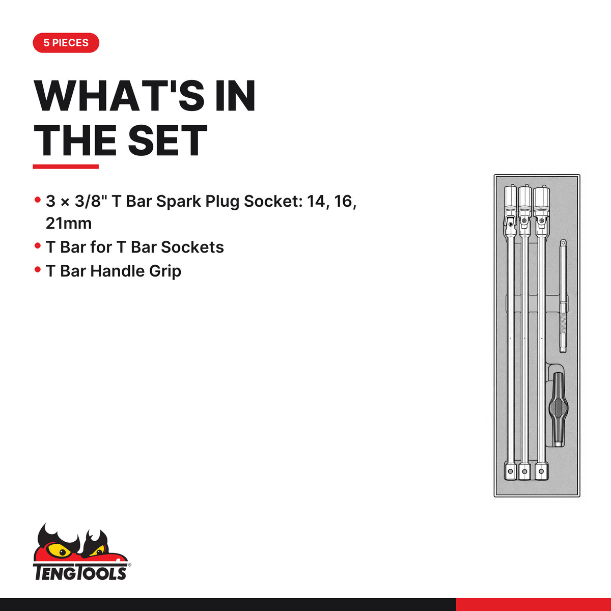 Teng Tools TEXTB05 3/8" T Bar Spark Plug Socket Set FOAMX4 5 Pieces, what's in the tray