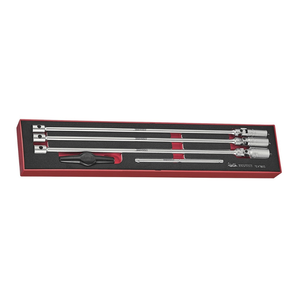 Teng Tools TEXTB05 3/8" T Bar Spark Plug Socket Set FOAMX4 5 Pieces on a white background