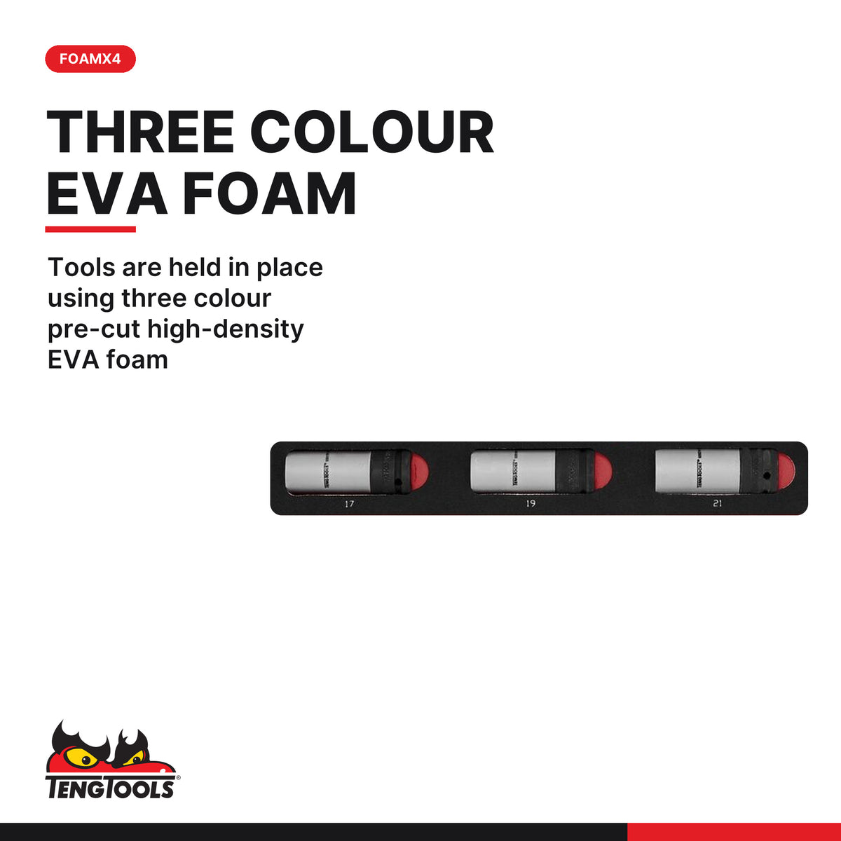 Teng Tools TEXW05 Wheel Tool Set FOAMX4 5 Pieces, tools are held in place using three colour pre-cut high-density eva foam