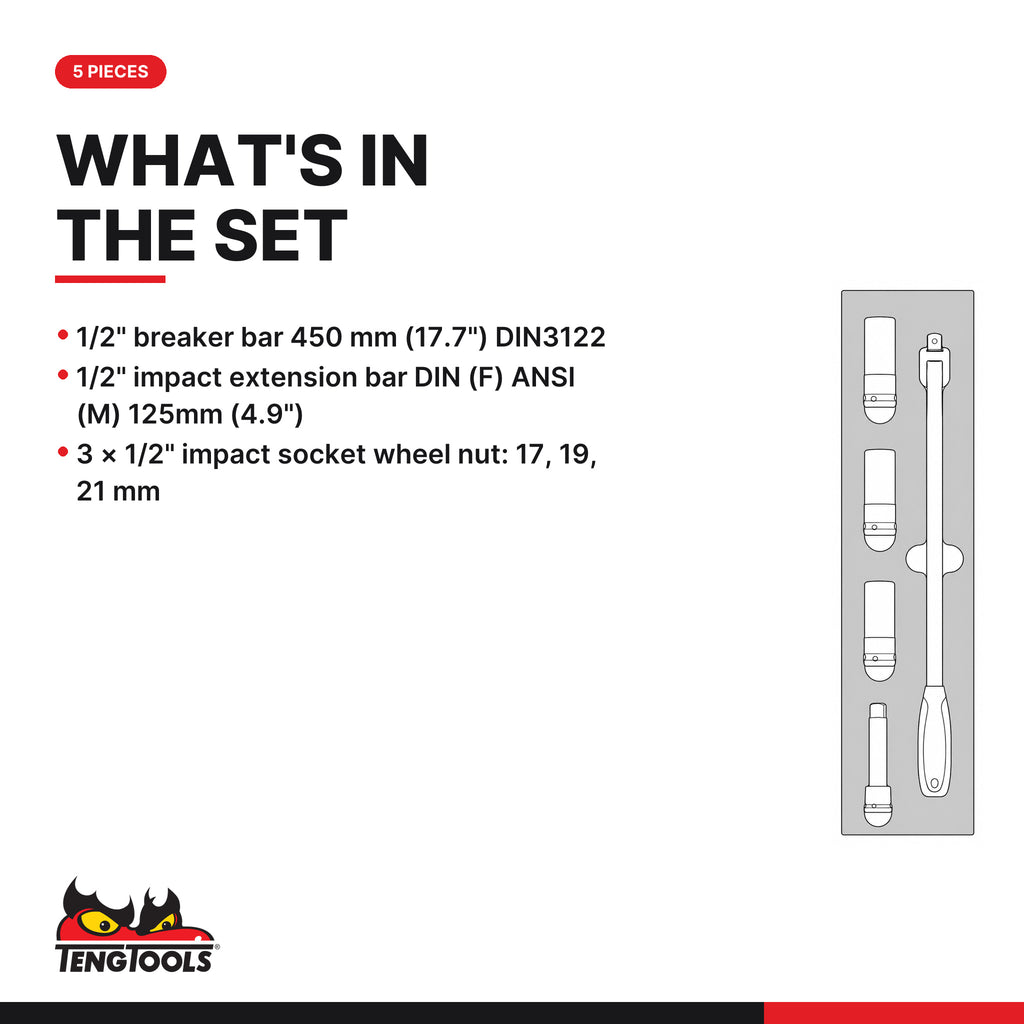 Teng Tools TEXW05 Wheel Tool Set FOAMX4 5 Pieces, what's in the tray