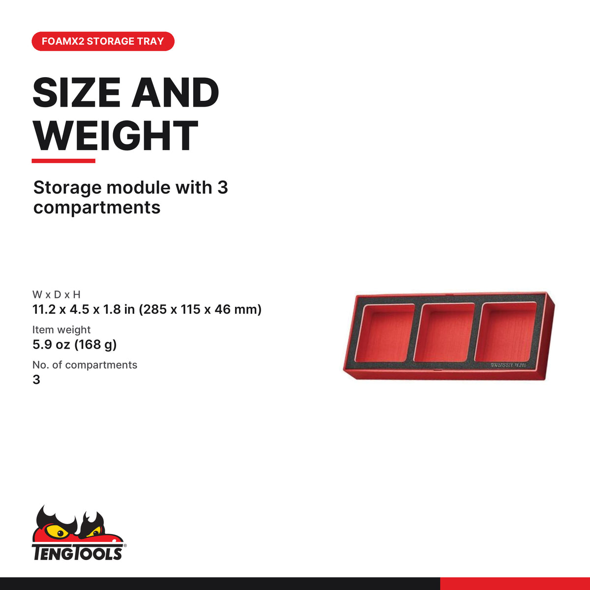 Teng Tools TEZ01 3-Compartment Foam Organizer Tool Tray, storage module with 3 compartments