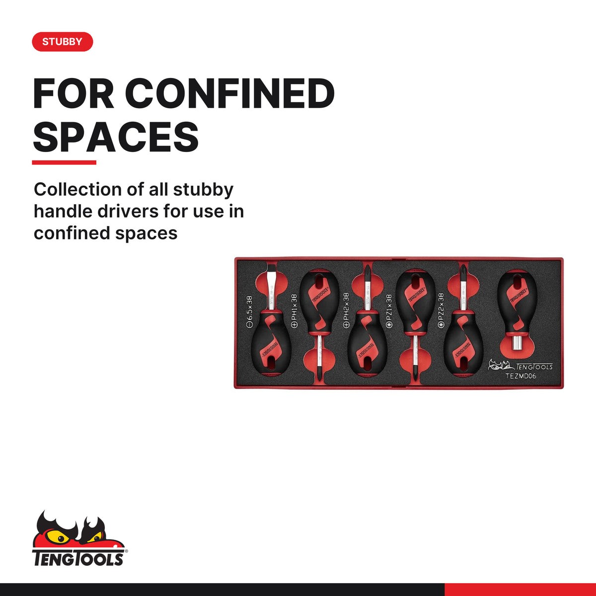 Teng Tools TEZMD06 Stubby Screwdriver Set FOAMX2 6 Pieces, collection of all stubby handle drivers for use in confined spaces