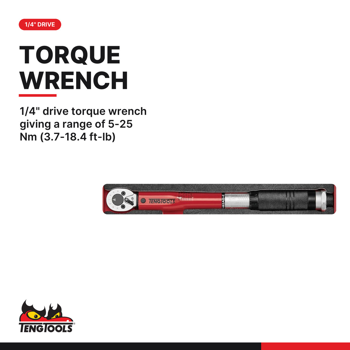 Teng Tools TEZSD02 1/4" Torque Set FOAMX2 2 Pieces, 1/4" drive torque wrench giving a range of 5-25 Nm (3.7-18.4 ft-lb)