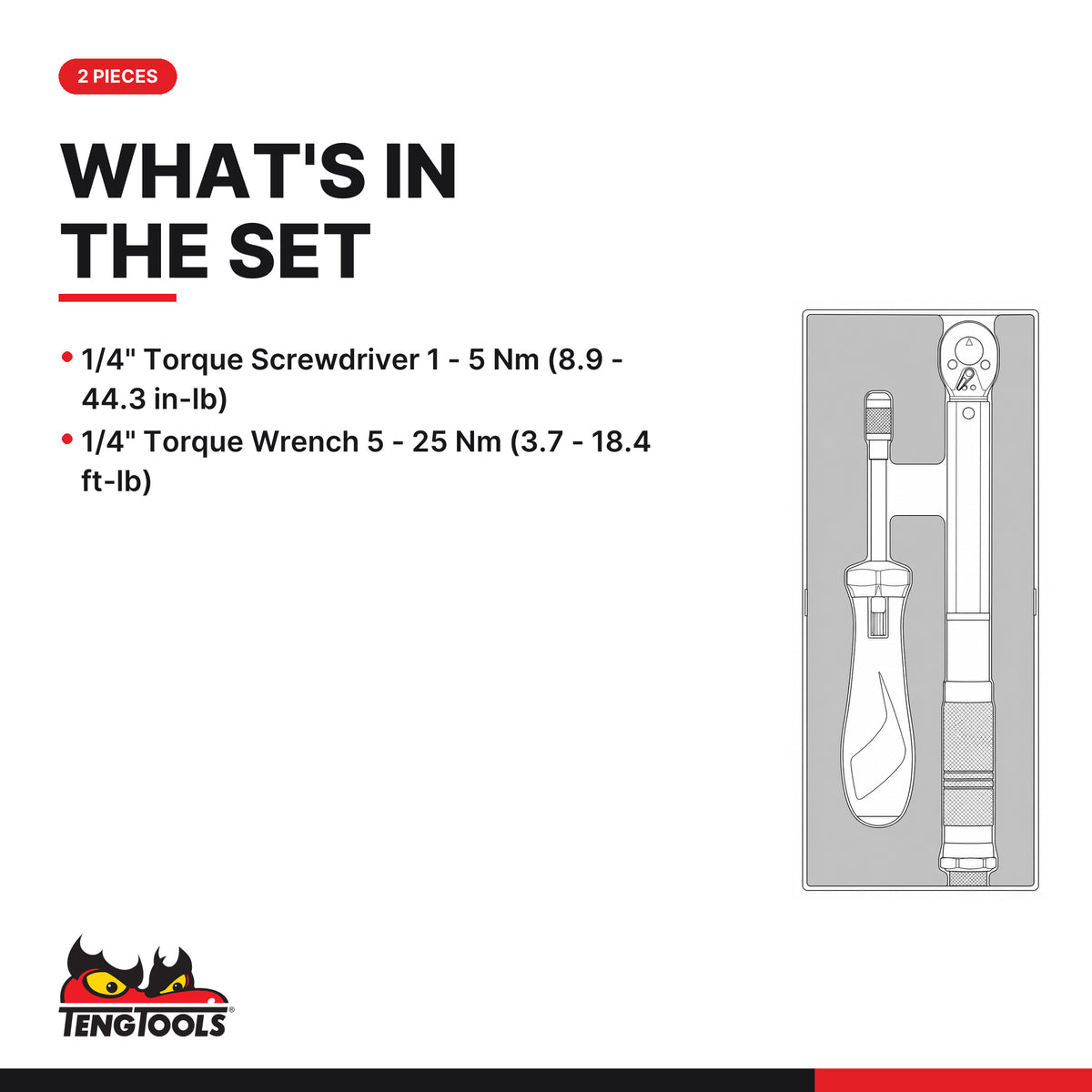 Teng Tools TEZSD02 1/4" Torque Set FOAMX2 2 Pieces, what's in the tray