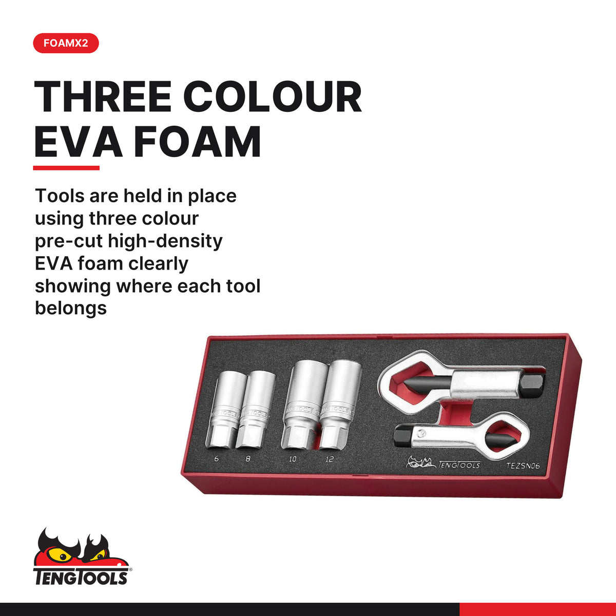 Teng Tools TEZSN06 Extractor and Nut Splitter Set FOAMX2 6 Pieces, tools are held in place using three colour pre-cut