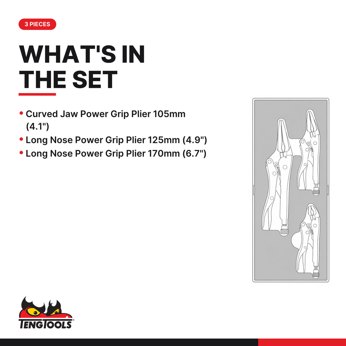 Teng Tools TEZVG03 Power Grip Plier Set FOAMX2 3 Pieces, what's in the tray