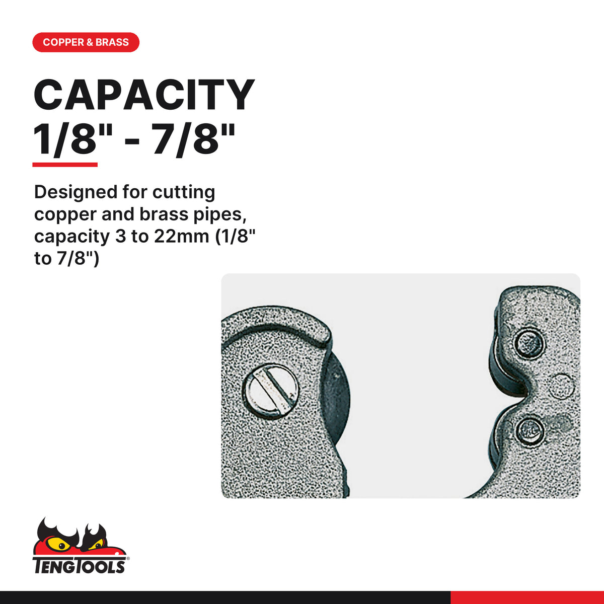 Teng Tools TF22 Compact Pipe Cutter 3-22 mm (1/8-7/8 Inch) Tubing, designed for cutting copper and brass pipes, capacity 3