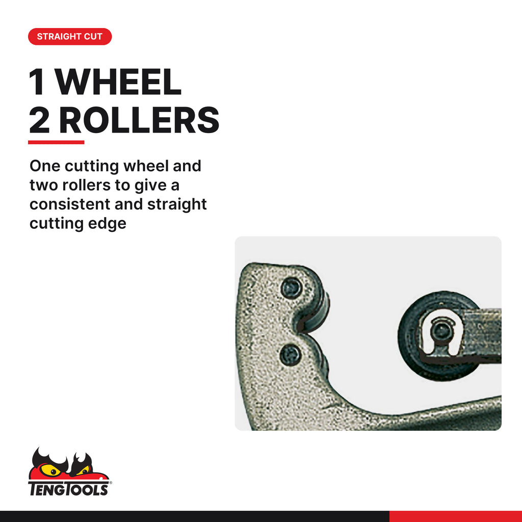 Teng Tools TF30 Pipe Cutter 3-32 mm (1/8-1-1/4 Inch) Capacity Copper, one cutting wheel and two rollers to give a consistent