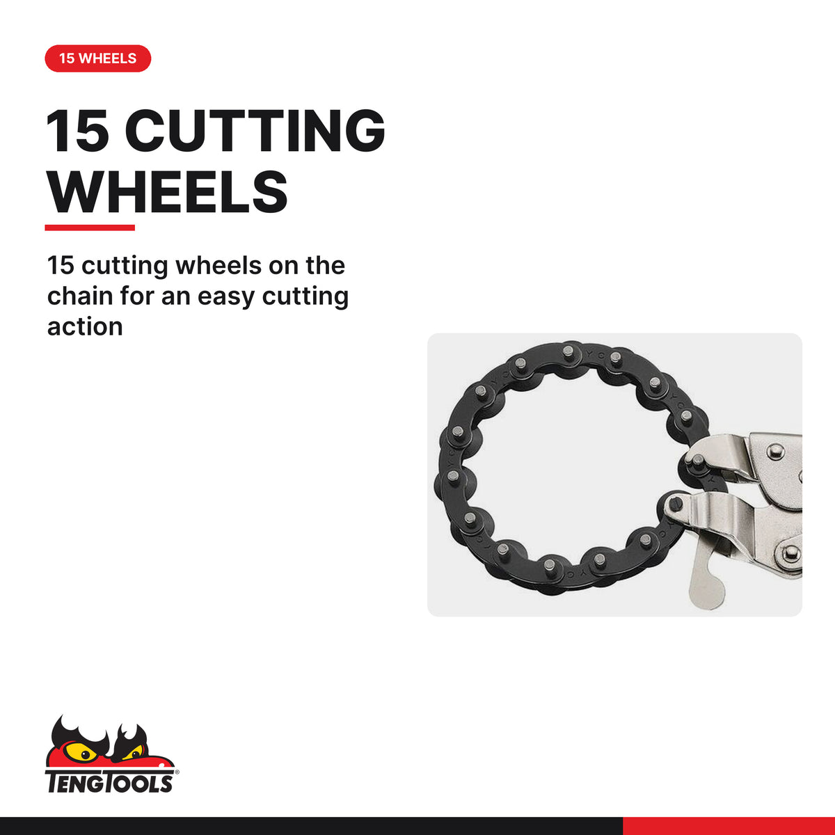 Teng Tools TF300 Chain Type Pipe Cutter for Confined Spaces, 15 cutting wheels on the chain for an easy cutting action