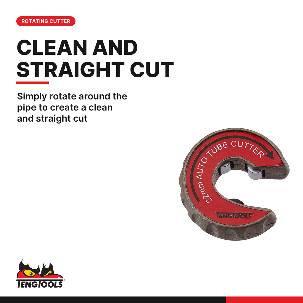 Teng Tools TFA15 15 mm Rotating Copper Pipe Cutter, simply rotate around the pipe to create a clean and straight cut