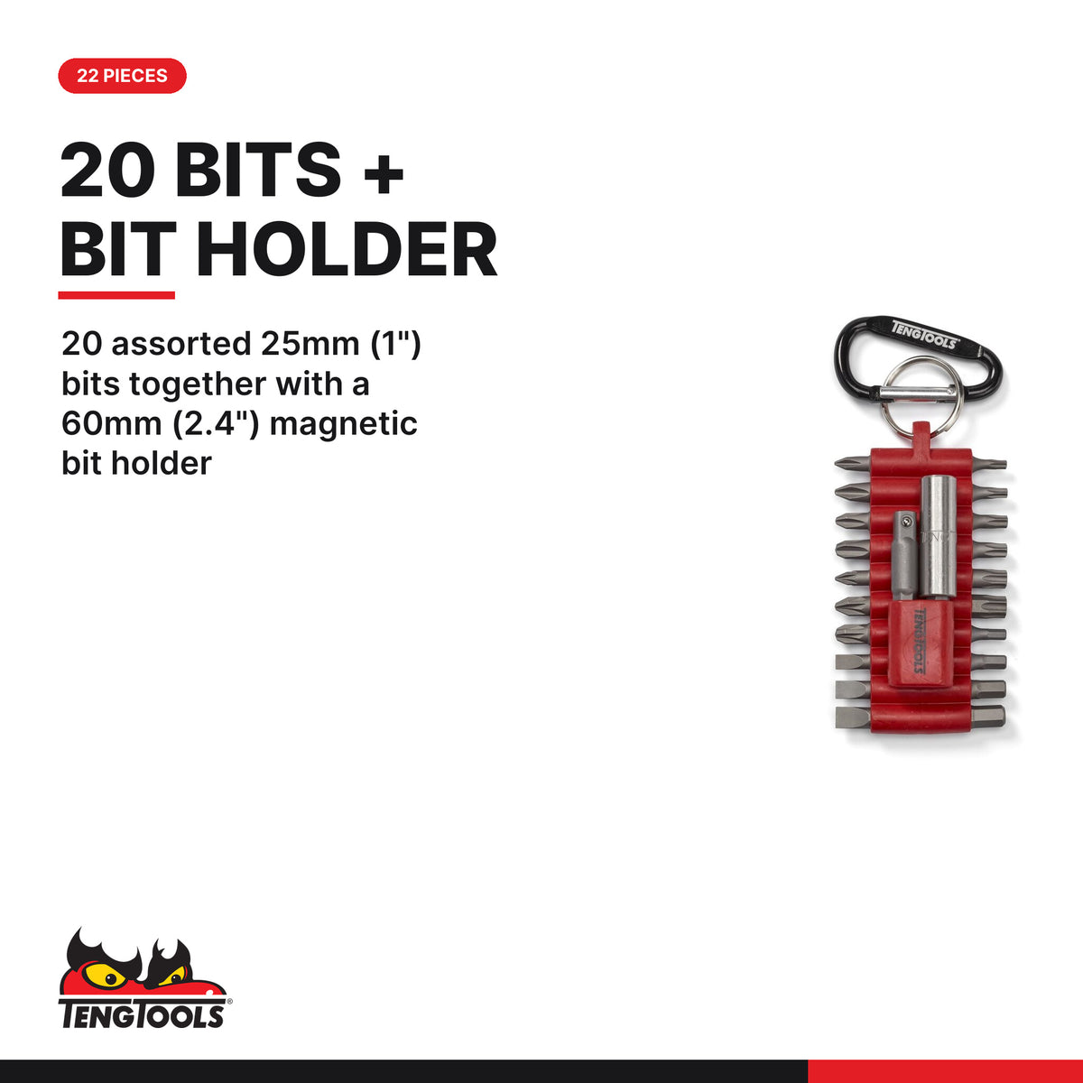 Teng Tools THBS22 22 Piece Mixed Bit Set with Carabiner Hook, 20 assorted 25mm (1") bits together with a 60mm (2.4")
