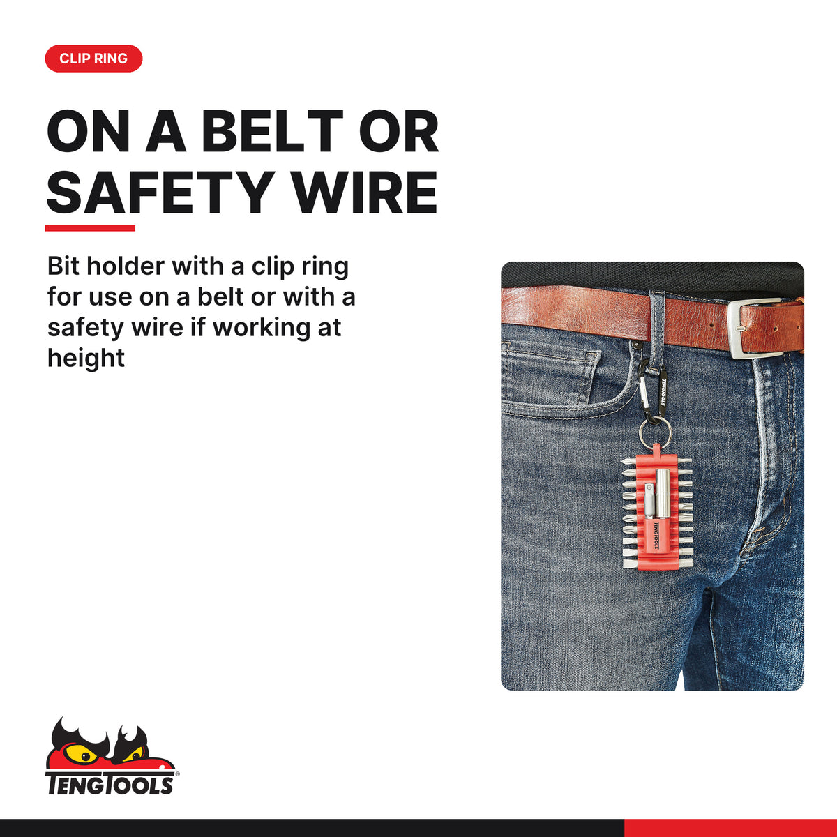 Teng Tools THBS22 22 Piece Mixed Bit Set with Carabiner Hook, bit holder with a clip ring for use on a belt or with a safety