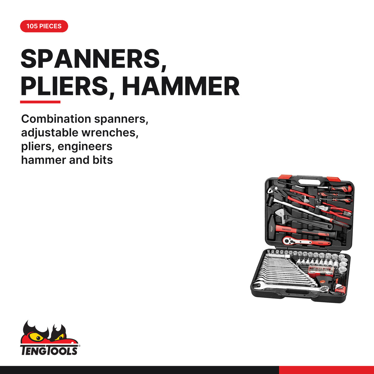 Teng Tools THDV105E 1/2" Socket & Tool Set HDV E 105 Pieces, combination spanners, adjustable wrenches, pliers, engineers